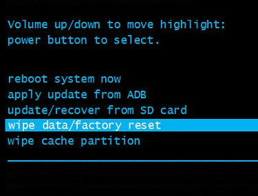 Recovery screen with wipe data/factory reset highlighted