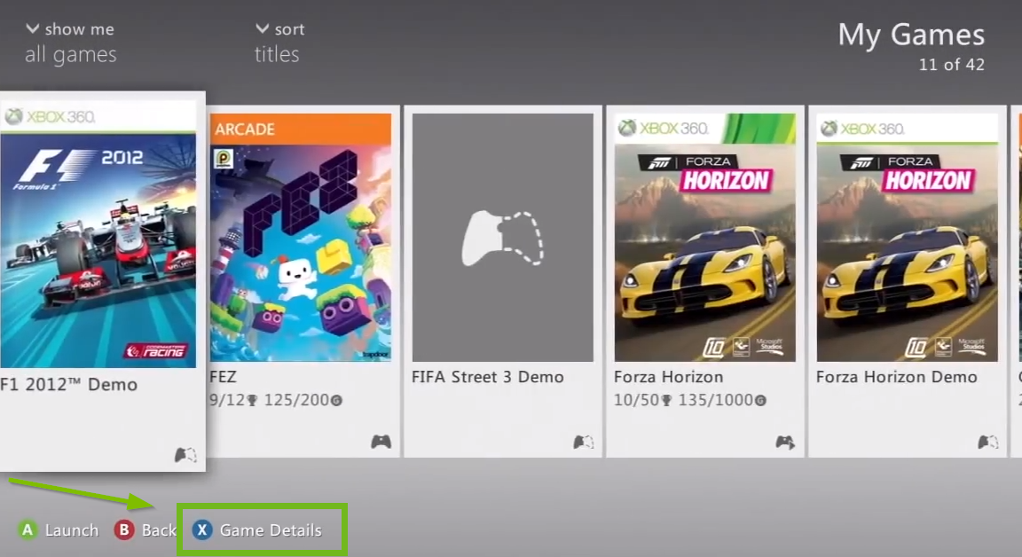 List of Games with X - Game Details highlighted