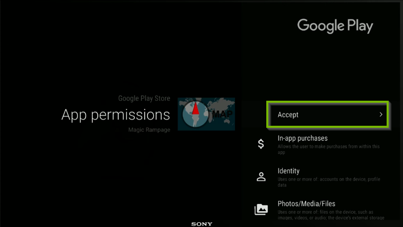 App pre-install screen showing permissions, Accept button highlighted
