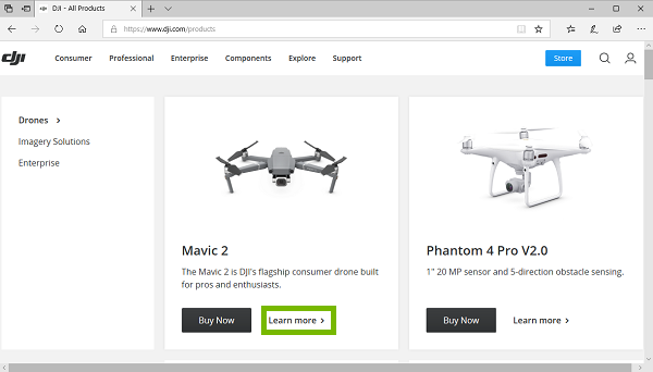 DJI product page with Learn more highlighted. Screenshot