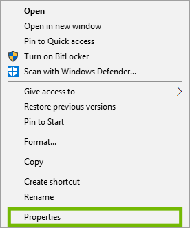 Drive menu with Properties highlighted.