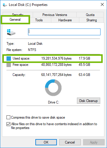 Drive properties with General tab and Used space highlighted.