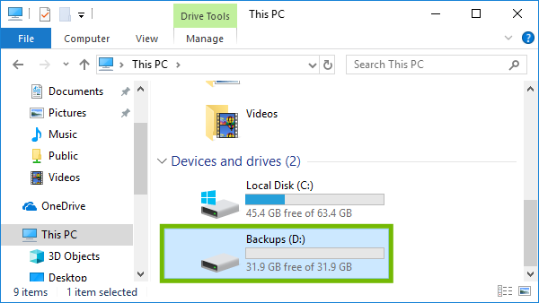 External drive highlighted.