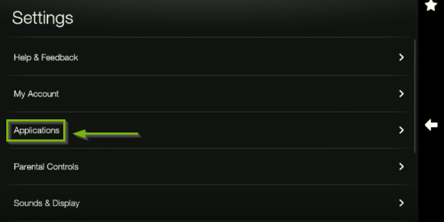 Applications option highlighted on Settings screen.