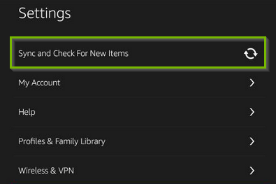 Sync and update option highlighted on Settings screen