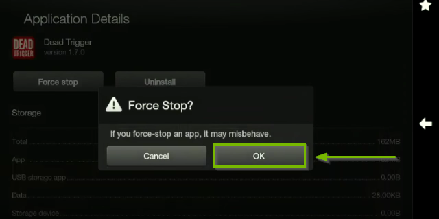 Force Stop confirmation query screen.