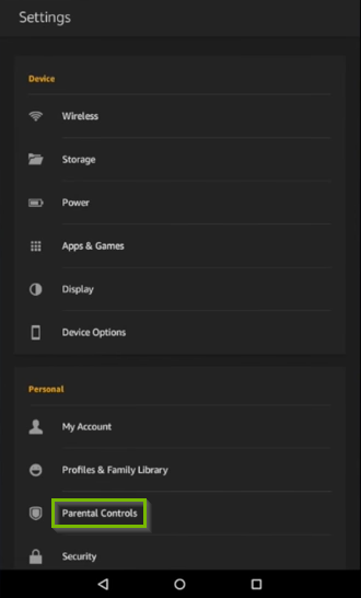 Parental Controls highlighted in tablet Settings