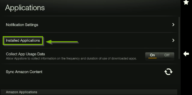 Installed Applications option highlighted on Applications screen.