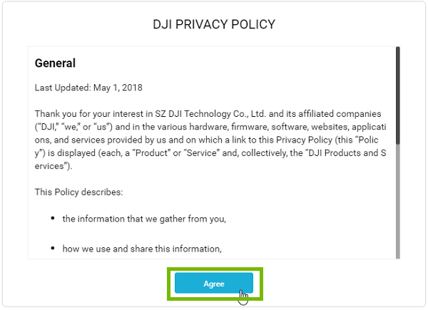 Privacy Policy with Agree highlighted. Screenshot