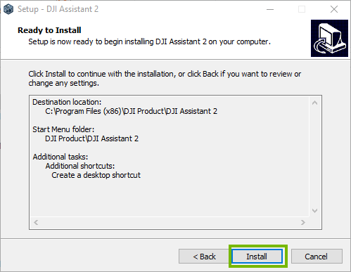 DJI install page with Install highlighted. Screenshot
