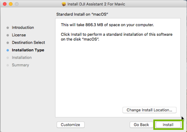 DJI Installer with Install highlighted. Screenshot