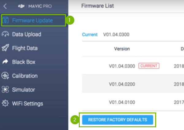 DJI Assistant program with Firmware update and restore factory defaults highlighted. Screenshot