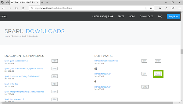 DJI downloads page with EXE highlighted. Screenshot