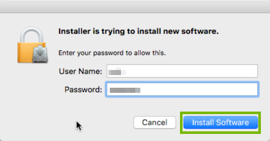 User account confirmation with Install Software highlighted. Screenshot
