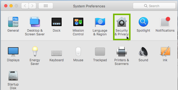 System preferences with Security and Privacy highlighted. Screenshot