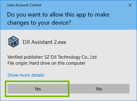 UAC window with Yes highlighted. Screenshot