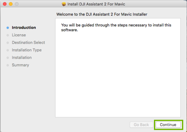 DJI Assistant installer  with Continue highlighted. Screenshot