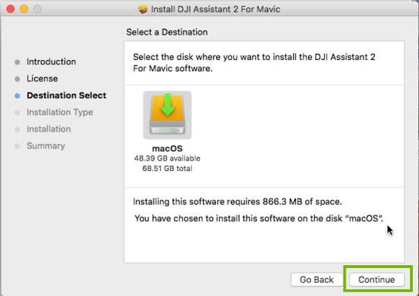 DJI Installer with Continue highlighted. Screenshot