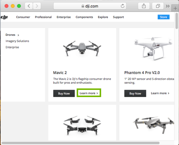 DJI product page with Learn more highlighted. Screenshot
