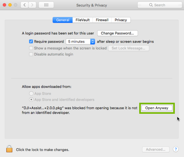 Security & Privacy window with Open anyway highlighted. Screenshot