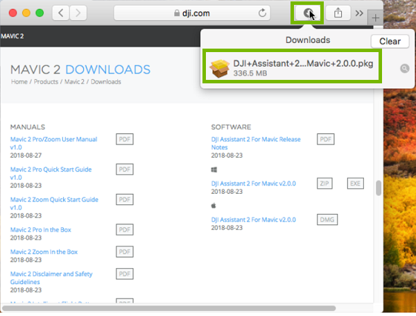 Safari downloads button with DJI assistant highlighted. Screenshot