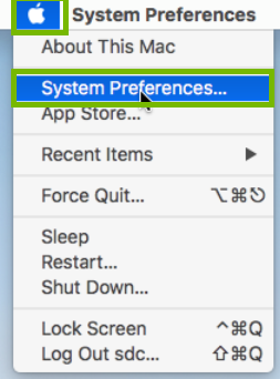 Apple meni with System Preferences highlighted. Screenshot