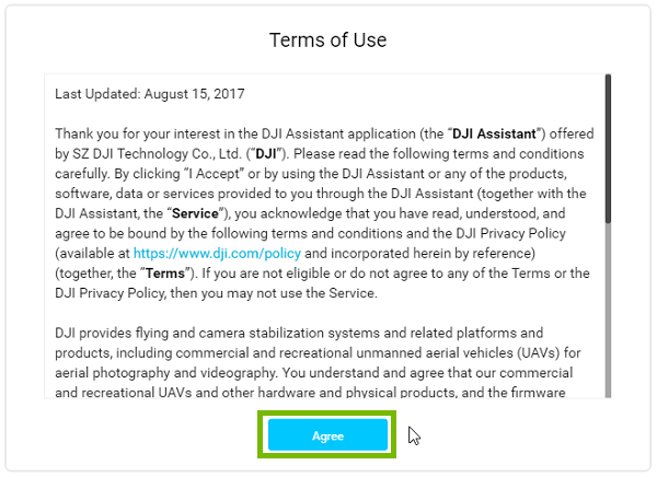 DJI Assistant start page with agree highlighted. Screenshot