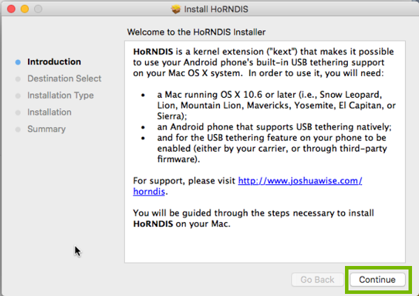 Horndis installer with continue highlighted. Screenshot