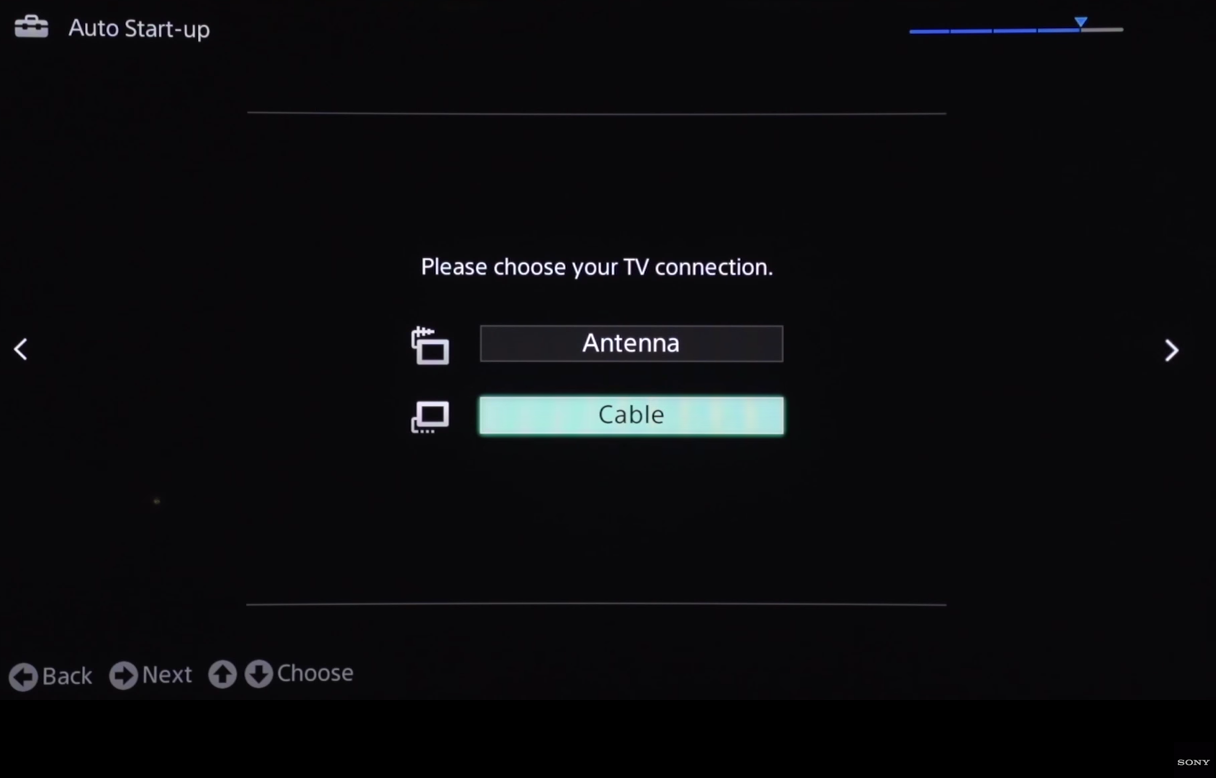 TV connection selection, cable highlighted