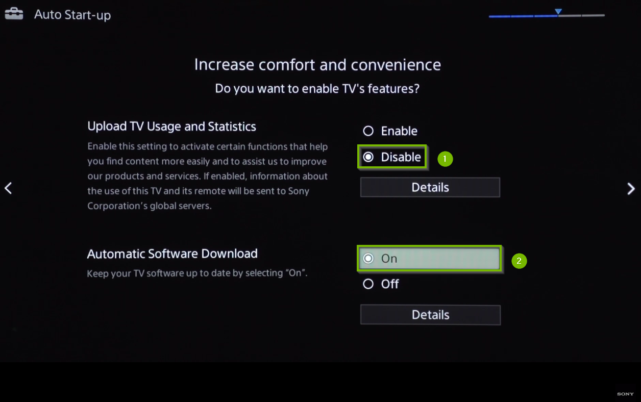 TV features screen with upload TV usage and statistics and automatic software download options displayed