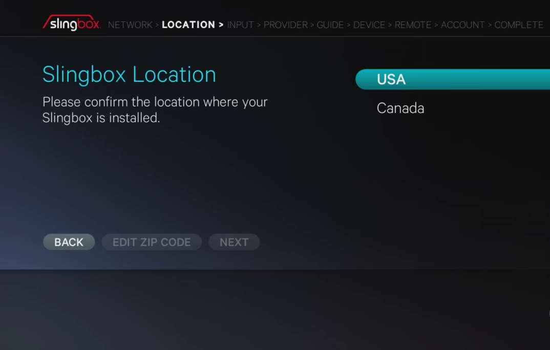 Slingbox location screen
