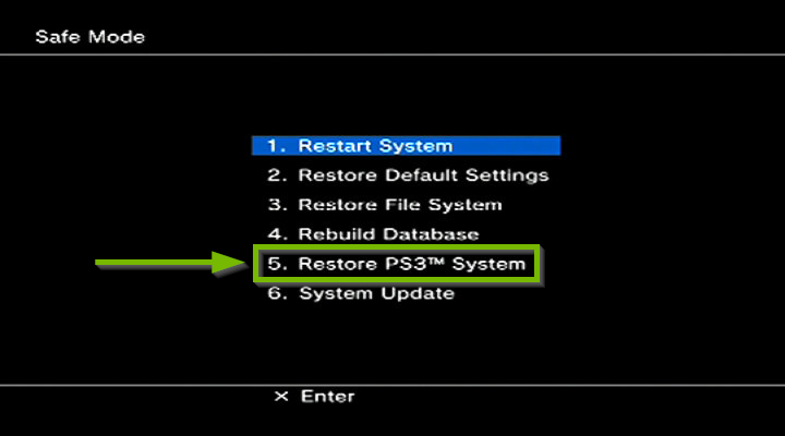 Safe mode screen with Restore PS3 system highlighted