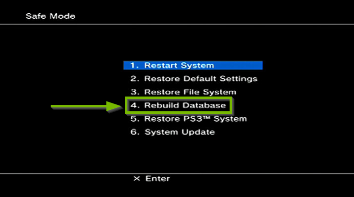 Safe mode with Rebuild Database highlighted