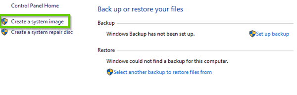 Windows create a system image button