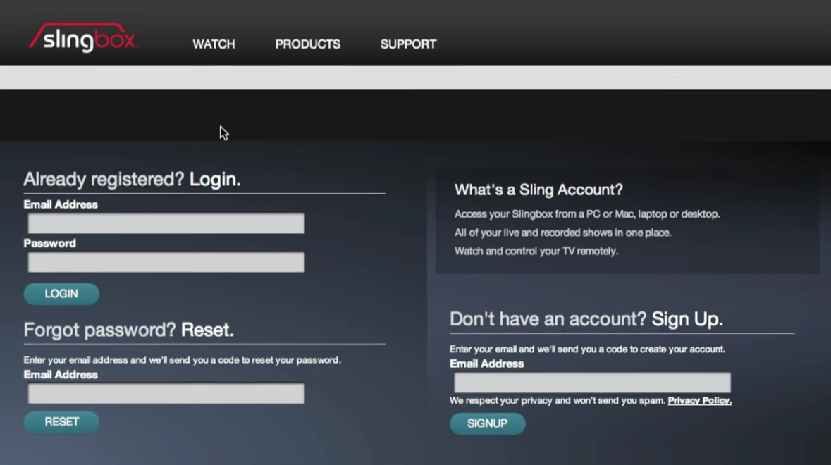 Sling account login/sign up