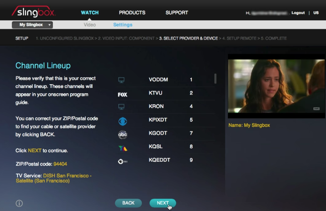 Channel lineup, Next button highlighted