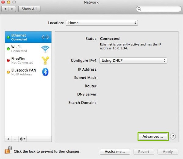 Advanced button is highlighted