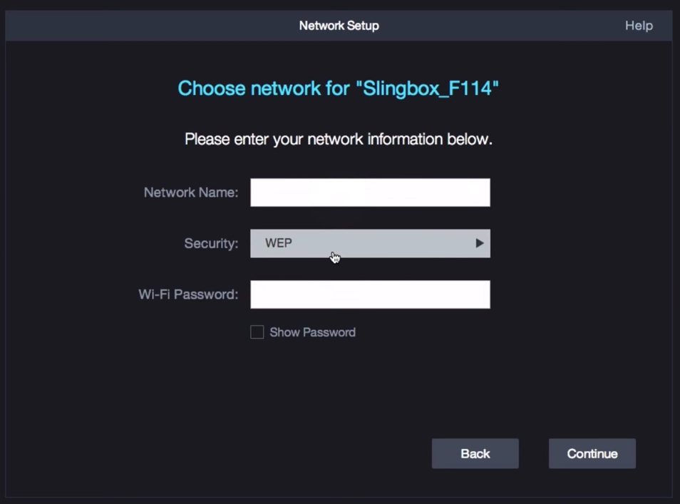 Network name and password screen