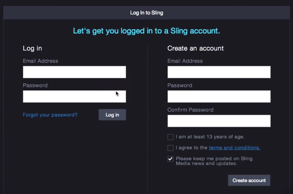 Slingbox account creation/login page