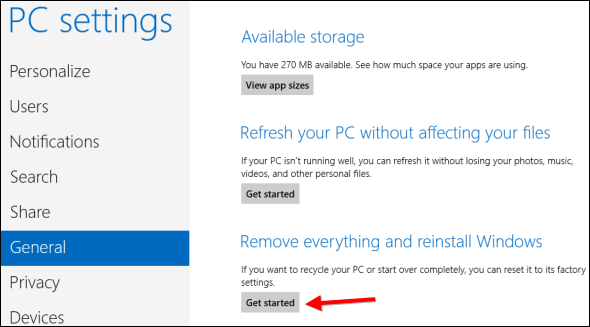 Windows 8.1 pc settings screen showing get started under remove everything and reinstall windows