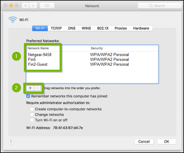 Advanced Network Preferences Wi-Fi tab with Network list, add, and remove highlighted.