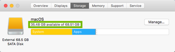 Storage dialog with space use highlighted.