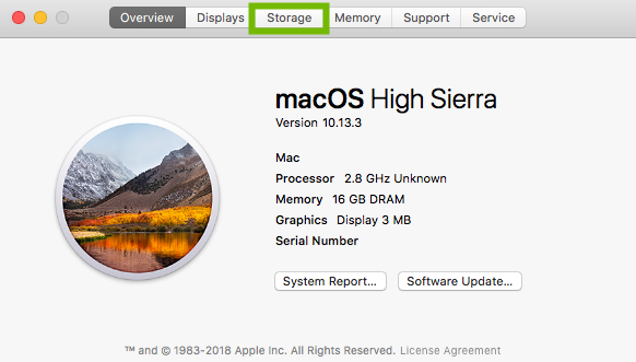 About This Mac dialog with Storage highlighted.