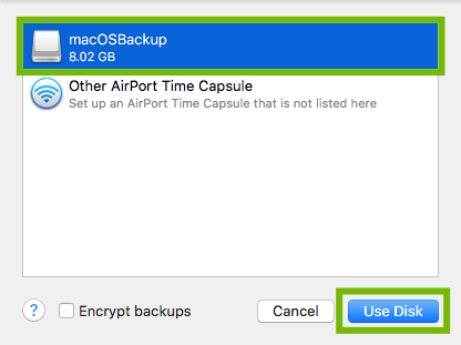 Time Machine disk selection dialog with disk and Use Disk button highlighted.