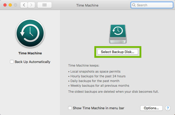 Time Machine with Select Backup Disk highlighted.