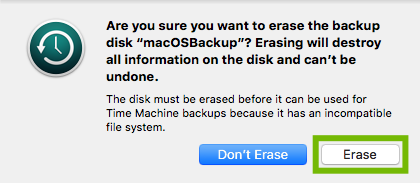 Time Machine prompt to erase disk with Erase highlighted.