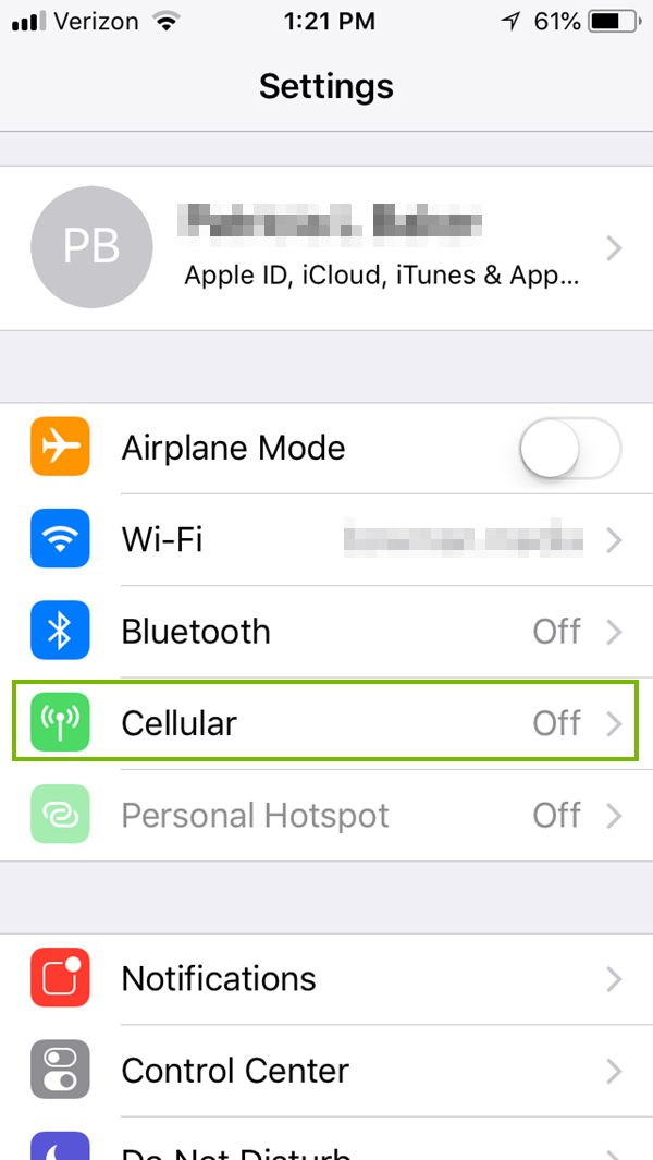 iOS Settings menu with cellular highlighted. Screenshot