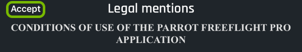 Accept option highlighted in FreeFlight Pro app on first launch.