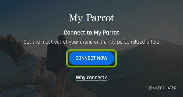 Connect Now button highlighted in FreeFlight Pro app on first launch.