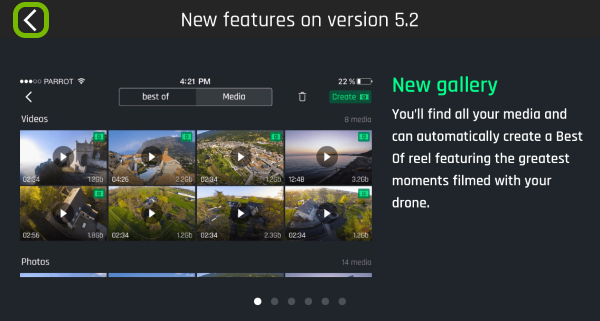 Back arrow highlighted in FreeFlight Pro app on first launch.